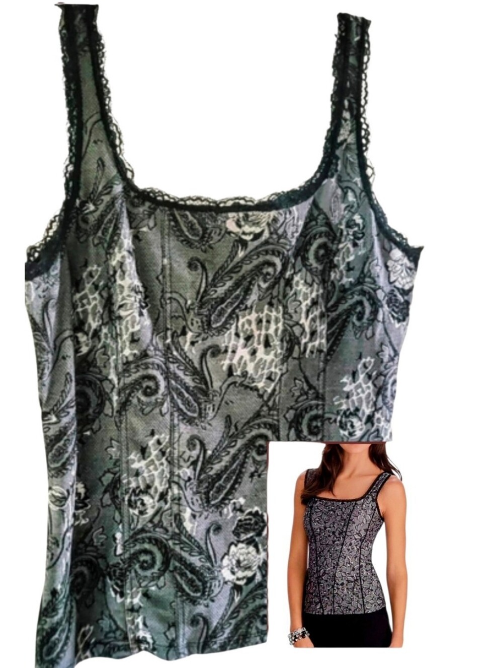 WHBM Lace Trim Faux Boning Fitted Paisley, Rose Print Silver Black Tank Cami Lg